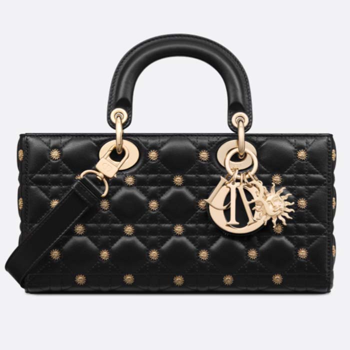 Dior Women CD Medium Lady D-Joy Bag Black Cannage Lambskin Sun Studs