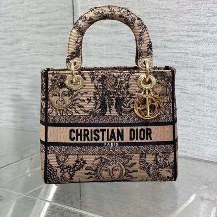 Dior Women CD Medium Lady D-Lite Bag Beige Black Toile De Jouy Soleil
