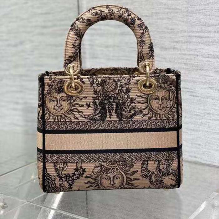 Dior Women CD Medium Lady D-Lite Bag Beige Black Toile De Jouy Soleil