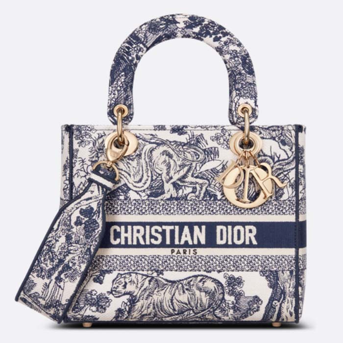 Dior Women CD Medium Lady D-Lite Bag Blue Toile De Jouy
