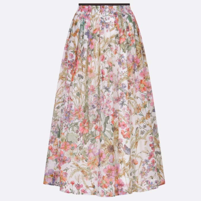 Dior Women CD Mid-Length Pleated Skirt White Cotton Voile Multicolor 4 Saisons Été