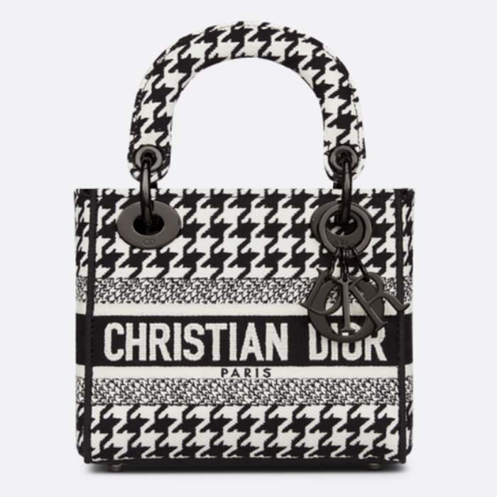 Dior Women CD Mini Lady D-Lite Bag Black White Houndstooth Embroidery