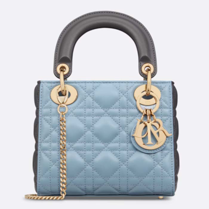 Dior Women CD Mini Lady Dior Bag Sky Blue Steel Gray Cannage Lambskin