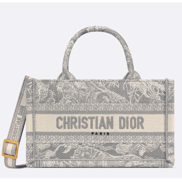 Dior Women Mini Dior Book Tote Strap Gray Toile De Jouy Reverse Embroidery