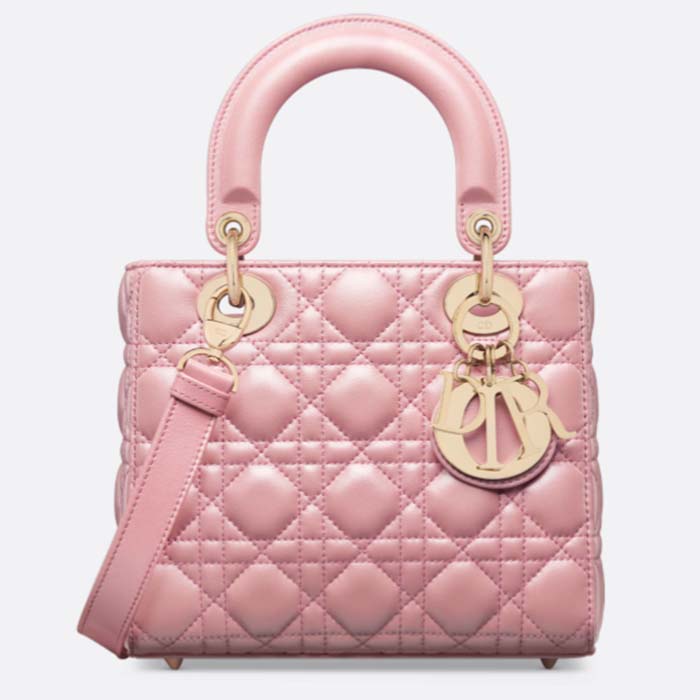 Dior Women Small Lady Dior Bag Melocoton Pink Pearlescent Cannage Lambskin