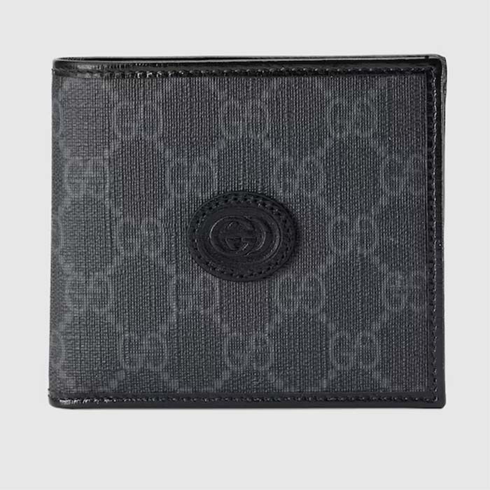 Gucc Unisex Coin Wallet Interlocking G Black GG Supreme Canvas Black Leather