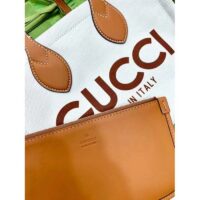 Gucci GG Unisex Mini Tote Bag Print Beige Cotton Linen Canvas Light Brown Leather (2)