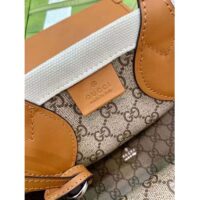 Gucci GG Unisex Mini Tote Bag Print Beige Cotton Linen Canvas Light Brown Leather (2)