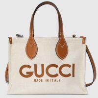 Gucci GG Unisex Mini Tote Bag Print Beige Cotton Linen Canvas Light Brown Leather (2)