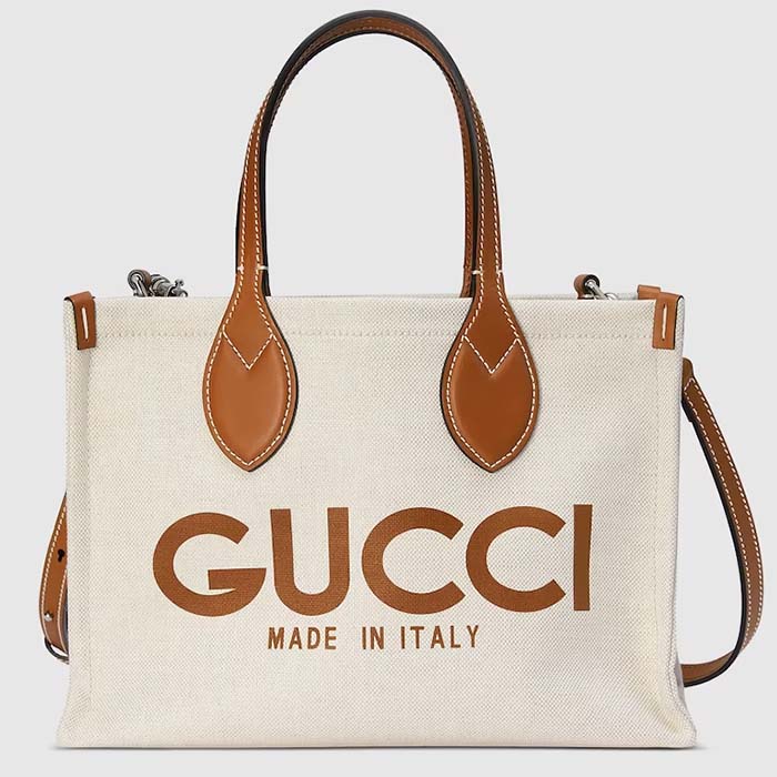 Gucci GG Unisex Mini Tote Bag Print Beige Cotton Linen Canvas Light Brown Leather