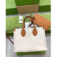 Gucci GG Unisex Mini Tote Bag Print Beige Cotton Linen Canvas Light Brown Leather (2)