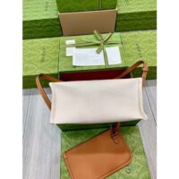 Gucci GG Unisex Mini Tote Bag Print Beige Cotton Linen Canvas Light Brown Leather (2)