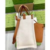 Gucci GG Unisex Mini Tote Bag Print Beige Cotton Linen Canvas Light Brown Leather (2)