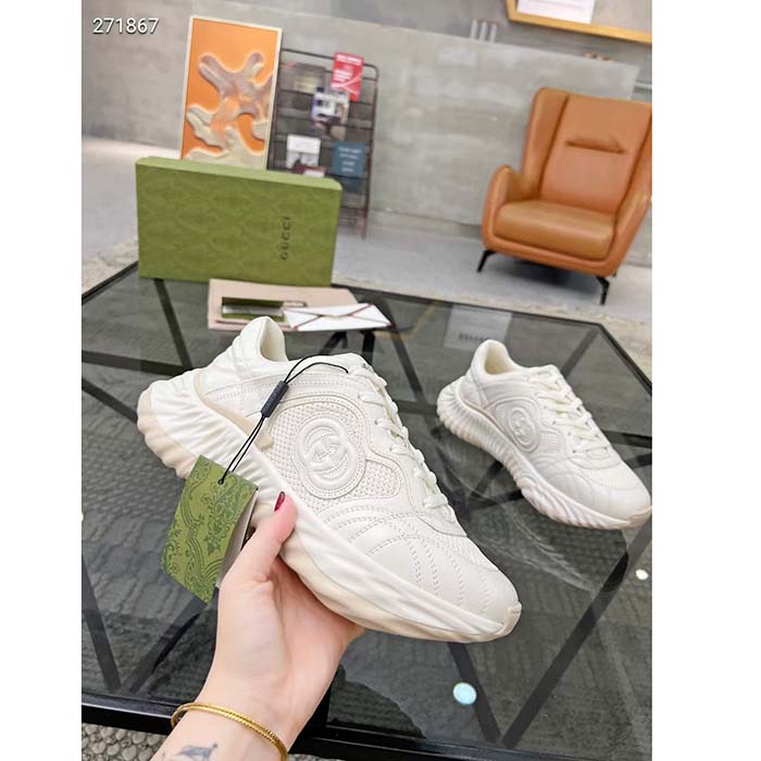 Gucci GG Unisex Ripple Sneaker Off White Leather Mesh Lightweight Lace-Up Low Heel