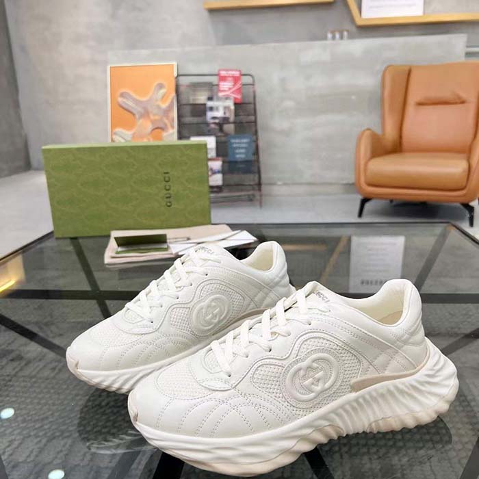 Gucci GG Unisex Ripple Sneaker Off White Leather Mesh Lightweight Lace-Up Low Heel