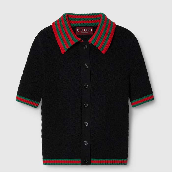 Gucci GG Women Cotton Lace Polo Web T-Shirt Black Short Sleeves