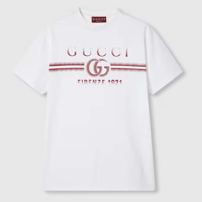 Gucci Men GG Cotton Jersey T-Shirt Gucci Print Red White Crewneck Short Sleeves