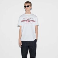 Gucci Men GG Cotton Jersey T-Shirt Gucci Print Red White Crewneck Short Sleeves (2)
