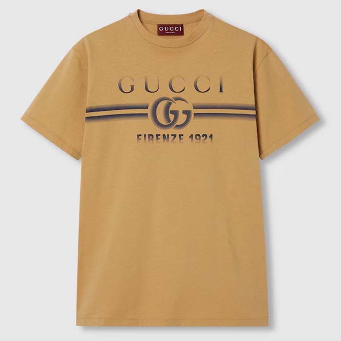 Gucci Men GG Cotton Jersey T-Shirt Print Beige Crewneck Short Sleeves