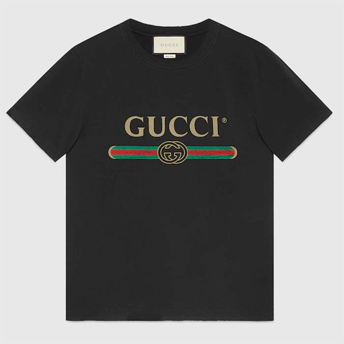 Gucci Men GG Washed T-Shirt Gucci Logo Black Crewneck Oversize Fit