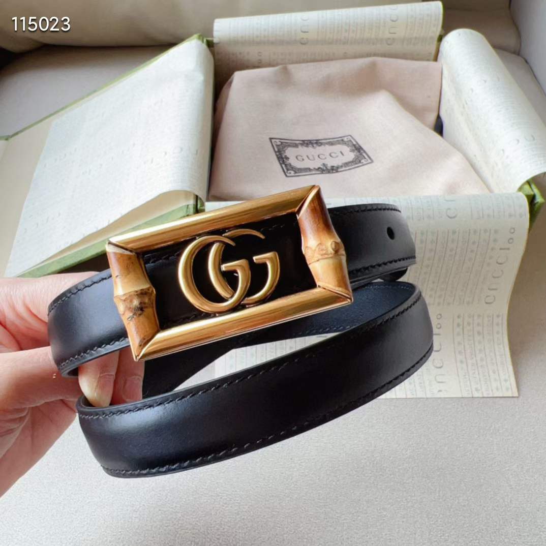 Gucci Unisex GG Belt Double G Buckle Bamboo Black Leather 1.8 CM Width ...