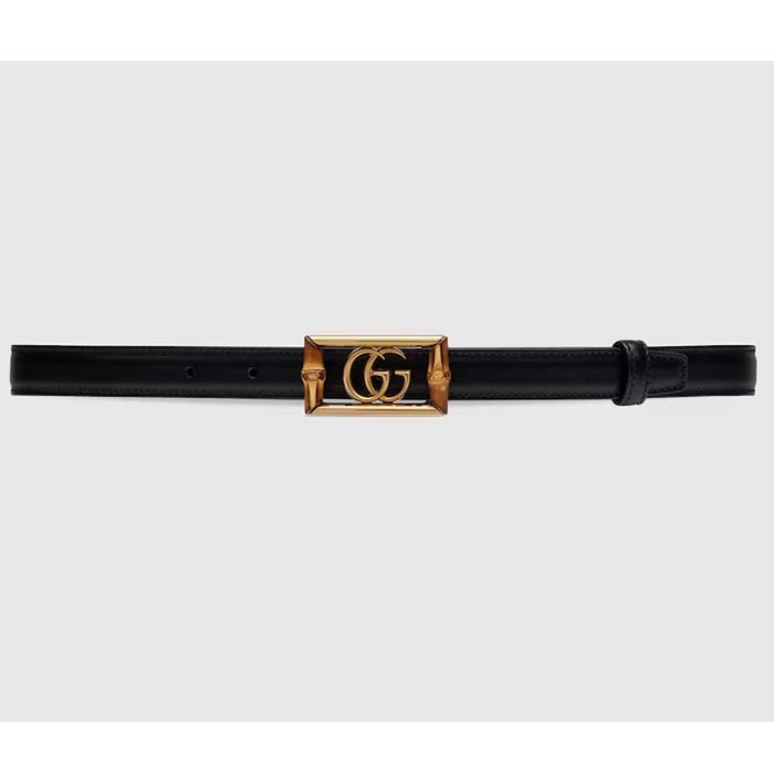 Gucci Unisex GG Belt Double G Buckle Bamboo Black Leather 1.8 CM Width