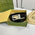 Gucci Unisex GG Belt Rectangular Buckle Black Leather 3.6 CM Width - immagine 4