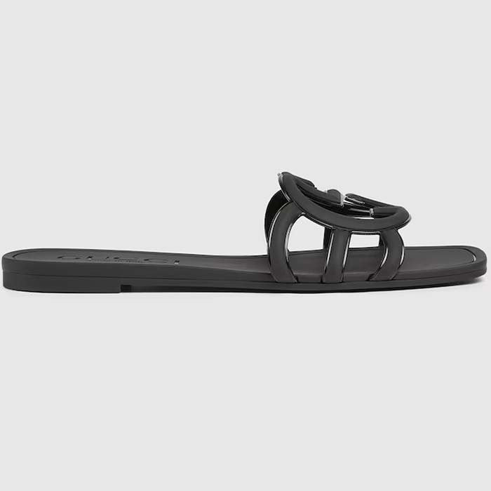 Gucci Unisex GG Interlocking G Slide Sandal Black Rubber Flat
