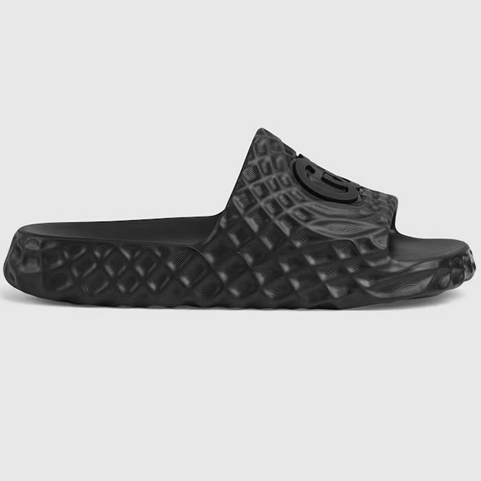 Gucci Unisex GG Interlocking G Slide Sandal Black Textured Rubber