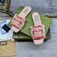 Gucci Unisex GG Interlocking G Slide Sandal Fuchsia Canvas Leather Flat (4)