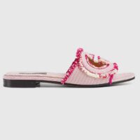 Gucci Unisex GG Interlocking G Slide Sandal Fuchsia Canvas Leather Flat (4)