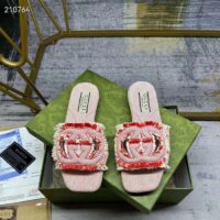 Gucci Unisex GG Interlocking G Slide Sandal Fuchsia Canvas Leather Flat (4)