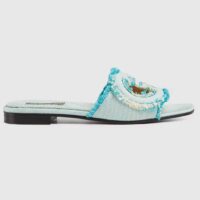 Gucci Unisex GG Interlocking G Slide Sandal Light Aquamarine Canvas Leather Flat