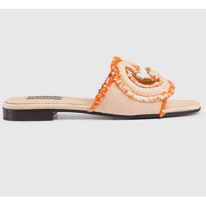 Gucci Unisex GG Interlocking G Slide Sandal Orange Canvas Leather Flat