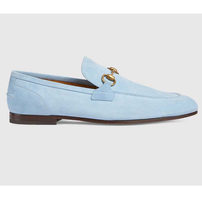 Gucci Unisex GG Jordaan Loafer Horsebit Blake Light Blue Suede Leather Flat