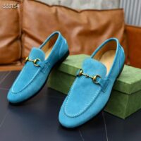 Gucci Unisex GG Jordaan Loafer Horsebit Blake Light Blue Suede Leather Flat (5)