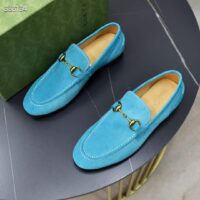 Gucci Unisex GG Jordaan Loafer Horsebit Blake Light Blue Suede Leather Flat (5)