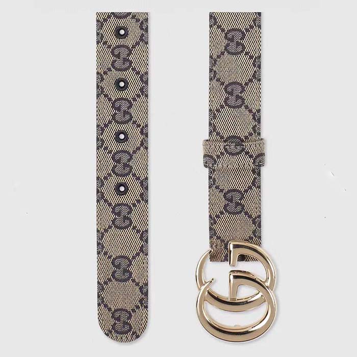 Gucci Unisex GG Marmont Reversible Belt Beige Blue Canvas Double G Buckle