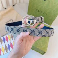 Gucci Unisex GG Marmont Reversible Belt Beige Blue Canvas Double G Buckle (5)