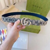 Gucci Unisex GG Marmont Reversible Belt Beige Blue Canvas Double G Buckle (5)