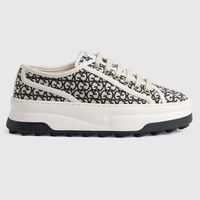 Gucci Unisex GG Sneaker Tennis 1977 Ivory Black Canvas Jacquard Low Heel