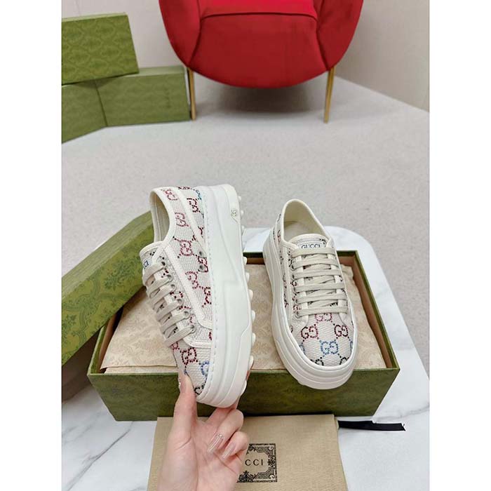 Gucci Unisex GG Sneaker Tennis 1977 Off White Canvas Lamé Crystals Low Heel