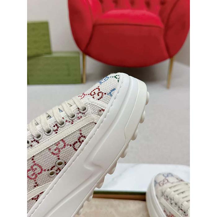 Gucci Unisex GG Sneaker Tennis 1977 Off White Canvas Lamé Crystals Low Heel