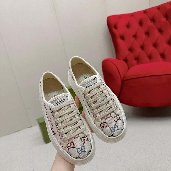 Gucci Unisex GG Sneaker Tennis 1977 Off White Canvas Lamé Crystals Low Heel