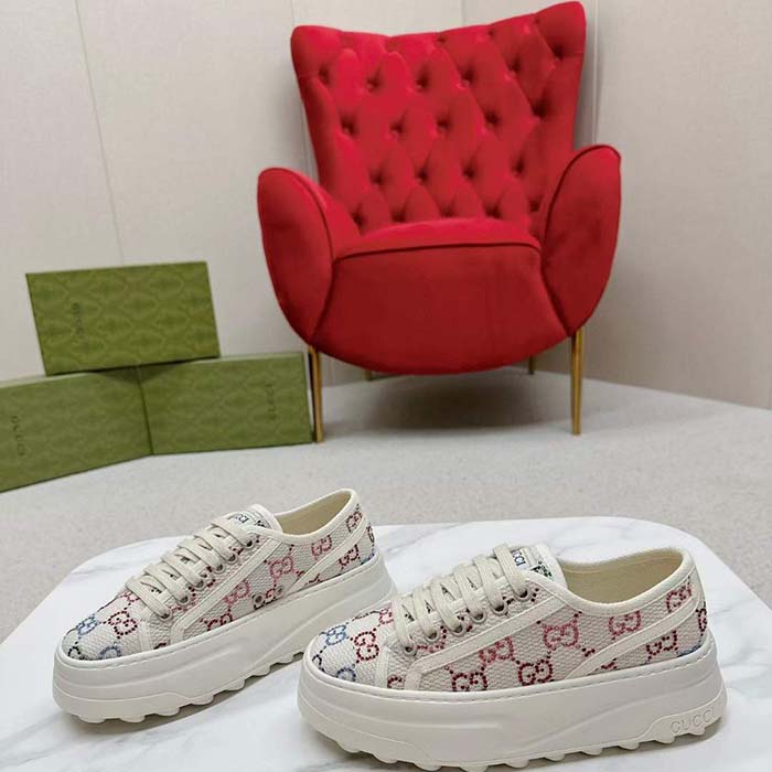 Gucci Unisex GG Sneaker Tennis 1977 Off White Canvas Lamé Crystals Low Heel