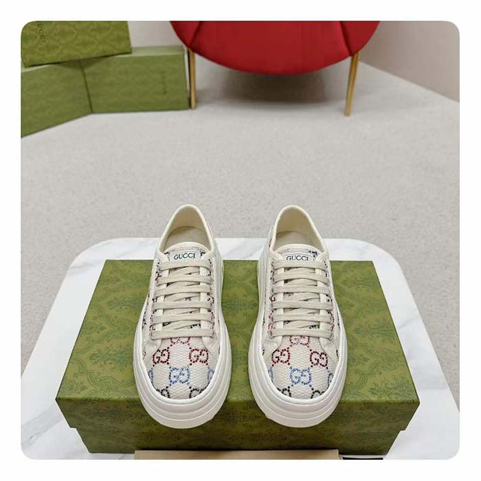 Gucci Unisex GG Sneaker Tennis 1977 Off White Canvas Lamé Crystals Low Heel