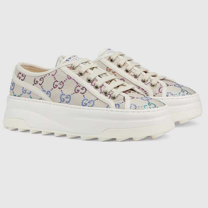 Gucci Unisex GG Sneaker Tennis 1977 Off White Canvas Lamé crystals Low Heel
