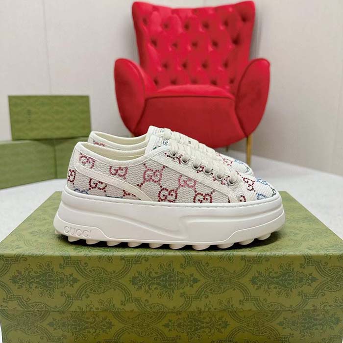 Gucci Unisex GG Sneaker Tennis 1977 Off White Canvas Lamé Crystals Low Heel