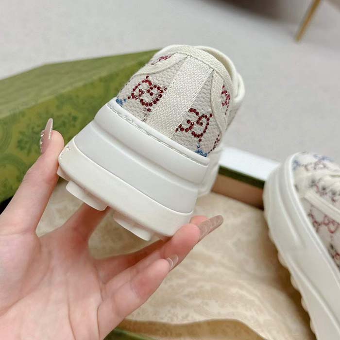 Gucci Unisex GG Sneaker Tennis 1977 Off White Canvas Lamé Crystals Low Heel