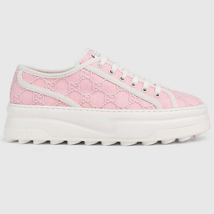 Gucci Unisex Tennis 1977 Sneaker Light Pink Canvas GG Embroideries Mid-Heel